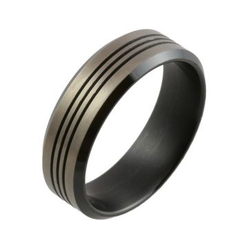 Two Tone Zirconium with Triple Grooves and Bevelled Edge Wedding Ring