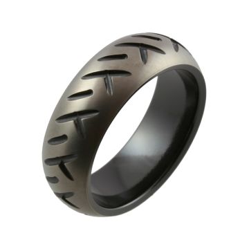 Motorbike Tyre Design with Relieved Black Zirconium Wedding Ring