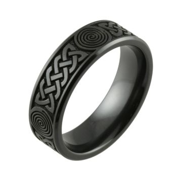 Laser Engraved Celtic Knot Inspired Black Zirconium Men’s Wedding Ring