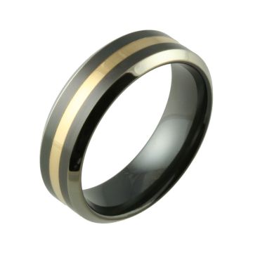 Inlaid Two Tone Bevelled Black Zirconium & 9ct Yellow Gold Wedding Ring