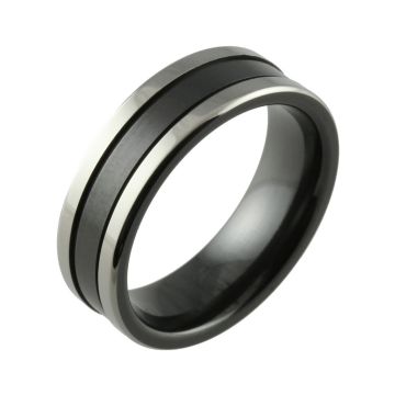Black Zirconium Two Tone Grooved & Twin Finish Men’s Wedding Ring