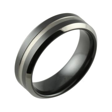 Black Zirconium Two Tone Bevelled & Central Groove Wedding Ring