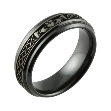 Laser Engraved Two Tone Claddagh Black Zirconium Wedding Ring