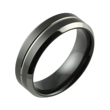 Black Zirconium Two Tone Bevelled & Small Central Groove Wedding Ring