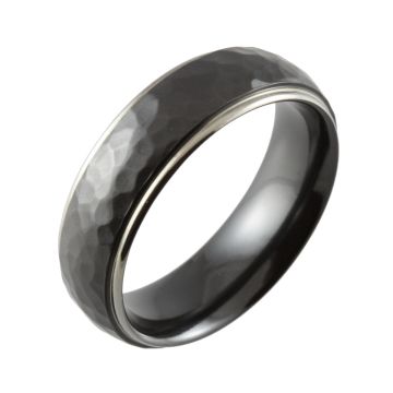 Domed Hammered with Shouldercut Edges Two Tone Black Zirconium Wedding Band