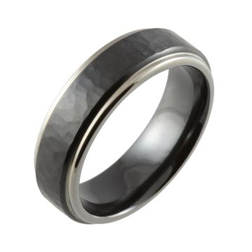 Hammered with Shouldercut Edges Two Tone Black Zirconium Wedding Band