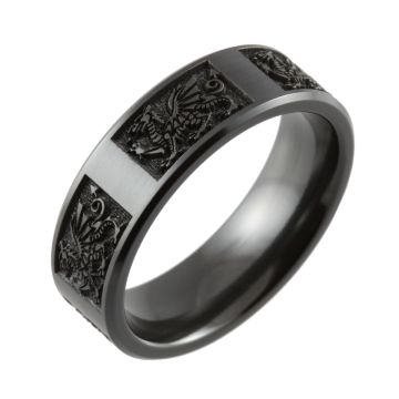 Welsh Dragon Laser Engraved Chamfered Black Zirconium Ring