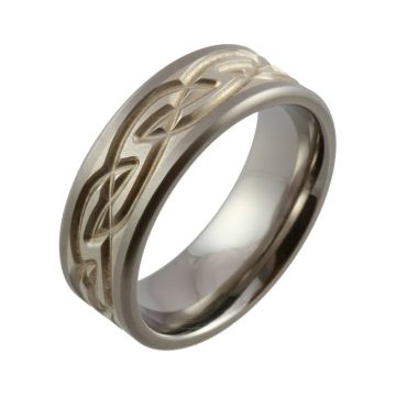 Titanium with Silver Inlay and Celtic Knot Pattern Wedding Ring