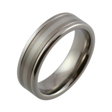 Two Tone Titanium with Platinum Inlaid Wedding Ring