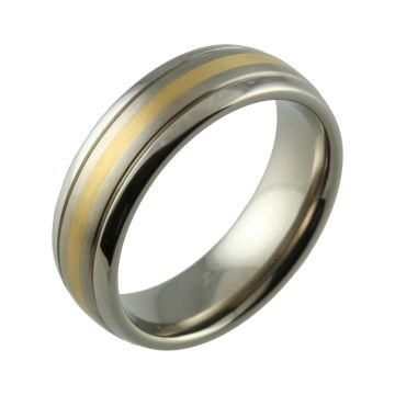 Two Tone Domed Titanium with Yellow Gold Inlaid Wedding Ring