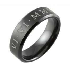 Roman Numeral Bevelled Edge Black Zirconium Ring 