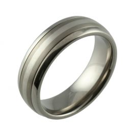 Two Tone Domed Titanium with Platinum Inlaid Wedding Ring