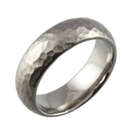 Domed with Hammered and Satin Finish Titanium Wedding Ring