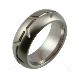 Domed with Tyre Tread Design and Satin Finish Titanium Wedding Ring